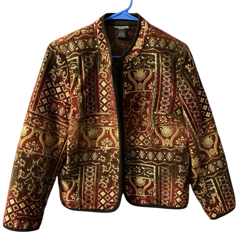 Molly & Maxx Colorful Golden Patchwork Needlepoint Full Zip Jacket Size PL Rodeo